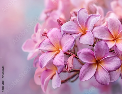 Delicate pink and purple blossoms bloom with vibrant orange centers.