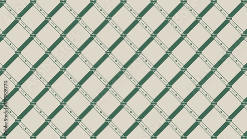 A repeating pattern of green diagonal lines and rectangles on a light beige background with small details