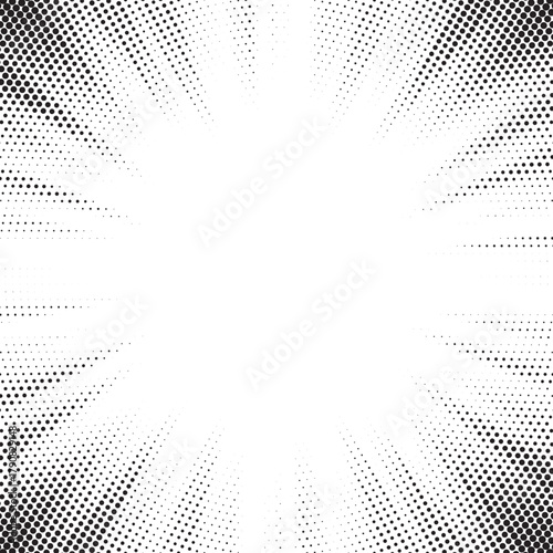 Abstract halftone sunburst background. Pop art comic book strip cover design. Explosion, isolated retro style comics radial background.