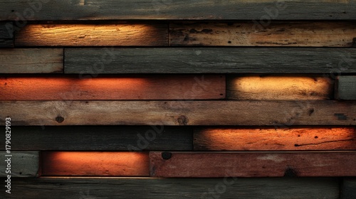 Rustic wood planks with warm, glowing backlighting create a textured background.