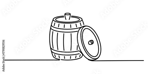 Continuous line drawing of a wooden barrel with its separate lid, ideal for wine, beer, or whiskey storage, illustrating traditional craftsmanship. Vector