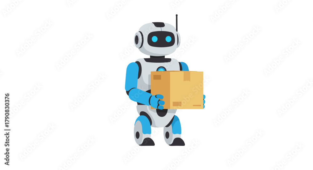 Obraz premium A friendly blue and white robot with glowing eyes holding a brown cardboard box in clean flat vector style, perfect for e-commerce delivery, smart logistics, or artificial intelligence concepts.