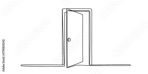 One continuous line drawing of a slightly ajar door, representing concepts like opportunity, entrance, exit, new beginnings, isolated. Vector