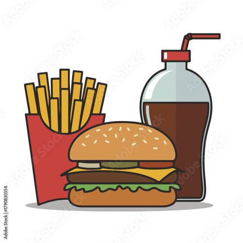 Hamburger with french fries and soda