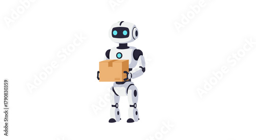 A cute white and gray humanoid robot carrying a brown cardboard package in flat vector style, suitable for automation, delivery service, robotics, or future technology illustrations.