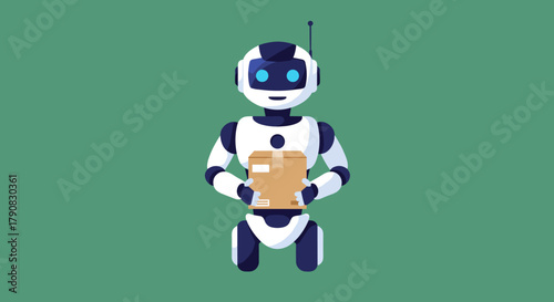 A friendly white-and-blue humanoid robot with large eyes and antenna cheerfully holds a brown cardboard box against a solid green background in clean flat vector style, ideal for delivery automation, 