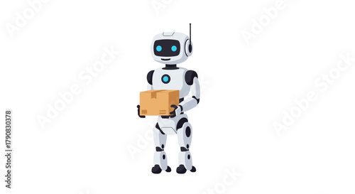 A cute white and gray humanoid robot carrying a brown cardboard package in flat vector style, suitable for automation, delivery service, robotics, or future technology illustrations.