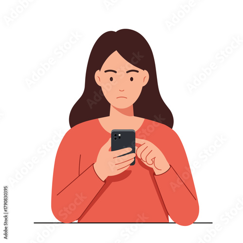 A young woman with long brown hair concentrates on her pink smartphone with a serious expression in minimalist flat vector style, suitable for social media addiction, mobile technology, or modern comm