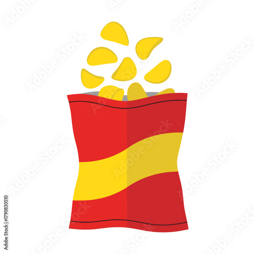 A red and yellow open bag of crispy potato chips with visible golden chips inside, rendered in bold flat vector style suitable for snack food packaging, junk food concepts, or party illustrations.