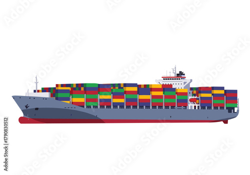 A large cargo ship loaded with multicolored shipping containers sails on blue water in clean flat vector style, ideal for logistics, global trade, import-export, or transportation concepts.