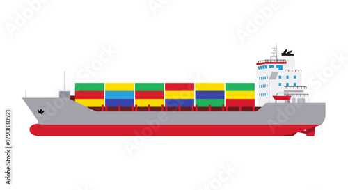 A large cargo ship loaded with multicolored shipping containers sails on blue water in clean flat vector style, ideal for logistics, global trade, import-export, or transportation concepts.
