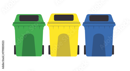 Three colored recycling bins for waste separation – green, yellow, and blue – shown in a row in clean flat vector style, ideal for ecology, sustainability, garbage sorting, or environmental protection