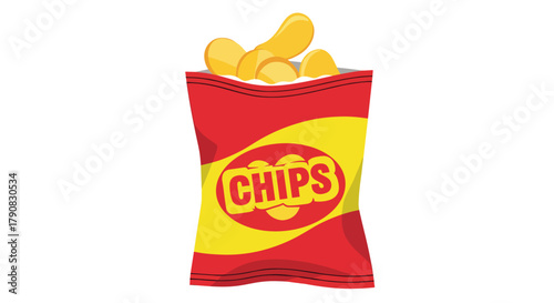 A red and yellow open bag of crispy potato chips with visible golden chips inside, rendered in bold flat vector style suitable for snack food packaging, junk food concepts, or party illustrations.