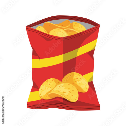 A red and yellow open bag of crispy potato chips with visible golden chips inside, rendered in bold flat vector style suitable for snack food packaging, junk food concepts, or party illustrations.