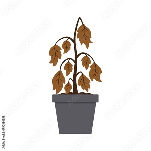 A sad brown wilted houseplant with drooping dried leaves in a simple gray pot, depicted in minimalist flat vector style ideal for concepts of neglect, plant care failure, or environmental themes.
