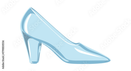A single elegant light blue glass high-heel slipper shown from the side in clean flat vector style, instantly recognizable as the iconic Cinderella fairy tale shoe perfect for princess stories, magic 