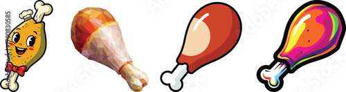 Chicken Drumstick Vector Clipart Bundle: Cute Cartoon, Low-Poly, and Neon Art Food Illustrations