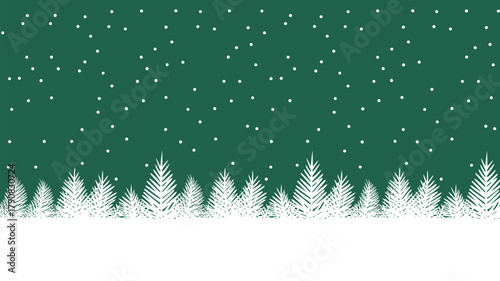 A winter scene with white trees and snow falling on a green background in a simple illustration style