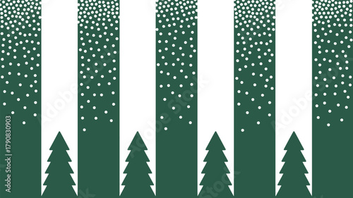 Pattern with stylized christmas trees and falling snow in green and white repeating vertically