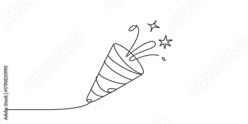 Continuous line drawing of a party popper exploding with confetti and stars, symbolizing joy, celebration, and festive success. Vector