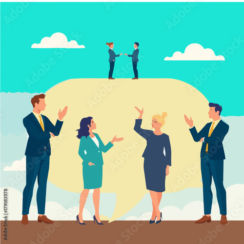 Business professionals celebrating a successful deal with a handshake on top of a large speech bubble