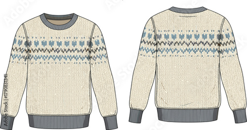 Knitted sweater front and back view, beige textured pullover with geometric winter pattern, ribbed cuffs hem neckline, cad drawing flat vector
