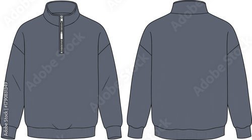 Long sleeve pullover front and back view, half zip collar detail, ribbed cuffs hem, technical garment sketch, cad drawing flat vector illustration