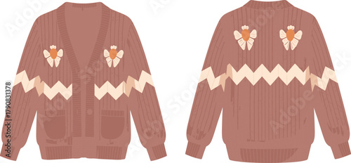 Knitted cardigan sketch, fashion flat drawing, front back view, zigzag pattern sweater, embroidered design template, cad drawing flat vector