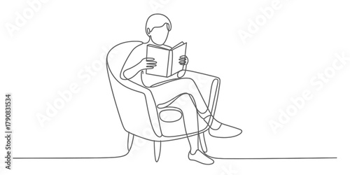 Continuous line drawing of a person sitting comfortably in an armchair, deeply engrossed in reading a book with focused attention. Vector