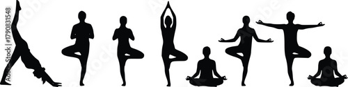 Diverse yoga and meditation pose silhouettes for wellness practice