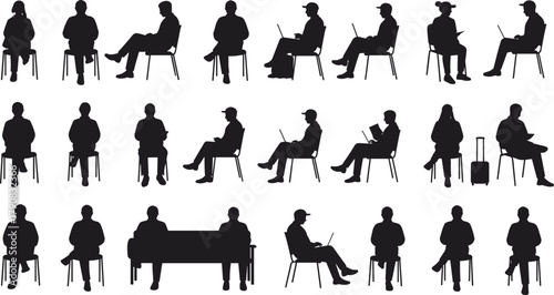 People sitting silhouette collection with laptop and luggage, waiting in airport lounge, travelers working, business passengers vector illustration design