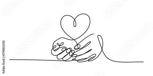 Continuous line art drawing of human hands gently holding a heart symbol. minimalist design illustrating concepts of love, care, unity, and support. Vector