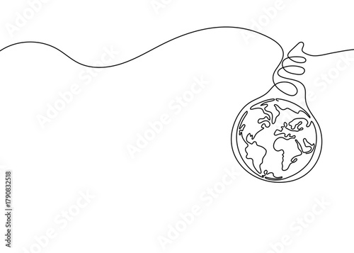 Continuous one line drawing of Happy Earth Day illustration. Minimalist globe and nature concept symbolizing sustainability, ecology, and environmental care. Perfect for Earth Hour and eco
