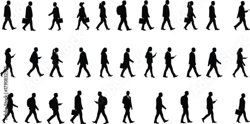 Silhouette of business people walking with briefcases and smartphones, diverse group of men and women, urban lifestyle, teamwork, communication, mobility