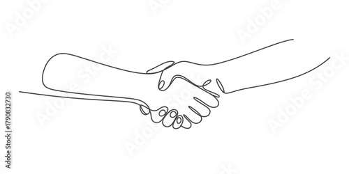 Continuous line art illustration of two hands shaking, symbolizing global partnership, successful agreement, trust, and collaboration Vector