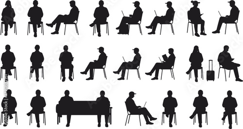 Silhouette of people sitting and working on laptop in airport waiting area, travel concept, business passengers, vector illustration design