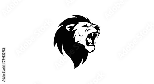 Roaring lion head silhouette in black and white against white background