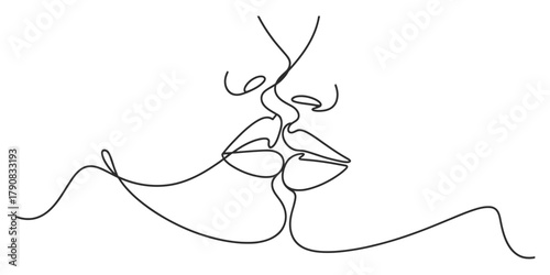 Minimalist continuous line art drawing depicting two abstract faces intimately kissing, symbolizing love, passion, and romantic connection Vector