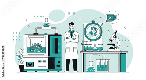 Scientist in Laboratory Illustration Examining Microorganisms and Conducting Research Experiments