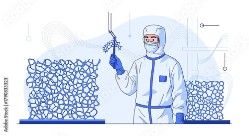 Scientist in protective suit examining cell structure in research laboratory illustration