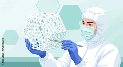 Scientist in protective suit examining cellular cube, nanotechnology research concept for