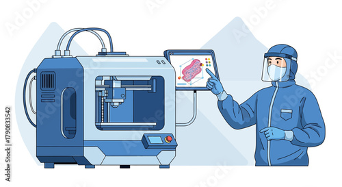 Scientist operating 3D bioprinter producing biological tissues in a controlled environment for