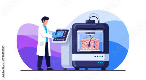 Scientist using 3D printer for skin regeneration and tissue engineering research advancements