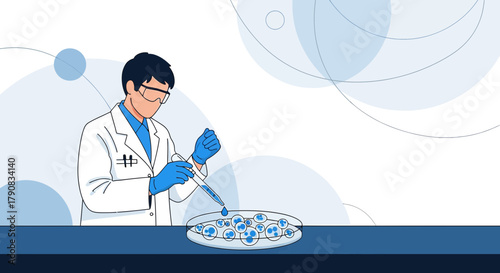 Scientist working with cells in a petri dish in a laboratory setting, vector illustration