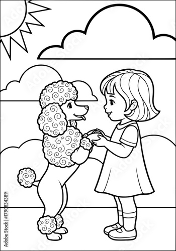 a girl and a poodle dog. coloring book