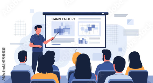 Smart Factory Presentation: Instructor Educating Audience on Industry 4.0 Concepts in a Modern