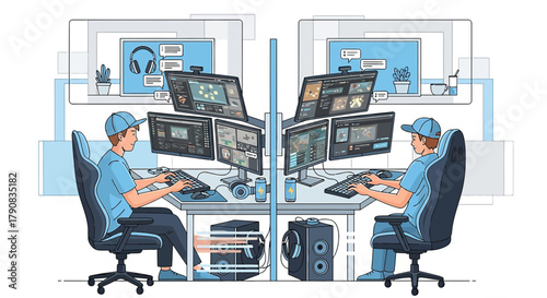 Two gamers streaming online games, creating content, working remotely with multiple screens