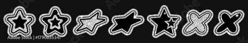 Y2K star sparkle bling stickers in silver glitter, glossy outlines and dynamic tilt. Retro 2000s icons for posters, branding, packaging, social media, merchandise, invites, web, app, ads, print, card.