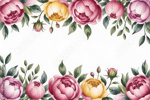 Watercolor peony floral border with green leaves