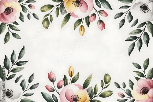 Watercolor floral frame with pink and yellow flowers